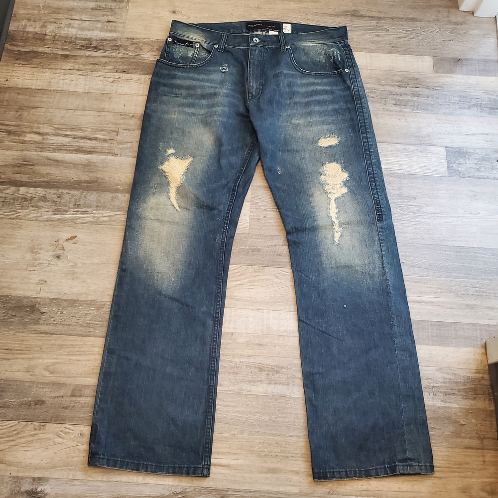 Rocawear Men's W36 Classic Fit Distressed Blue Jeans Y2K Hip Hop